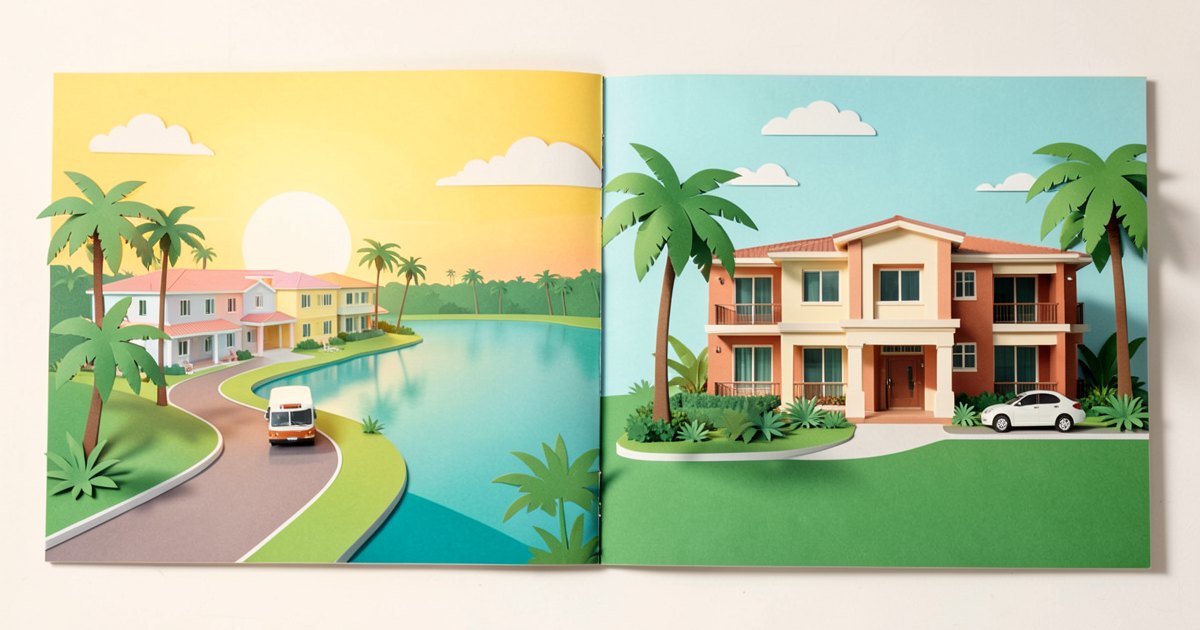 Illustrated Florida resort with a shuttle beside a vacation apartment with a car and palm trees