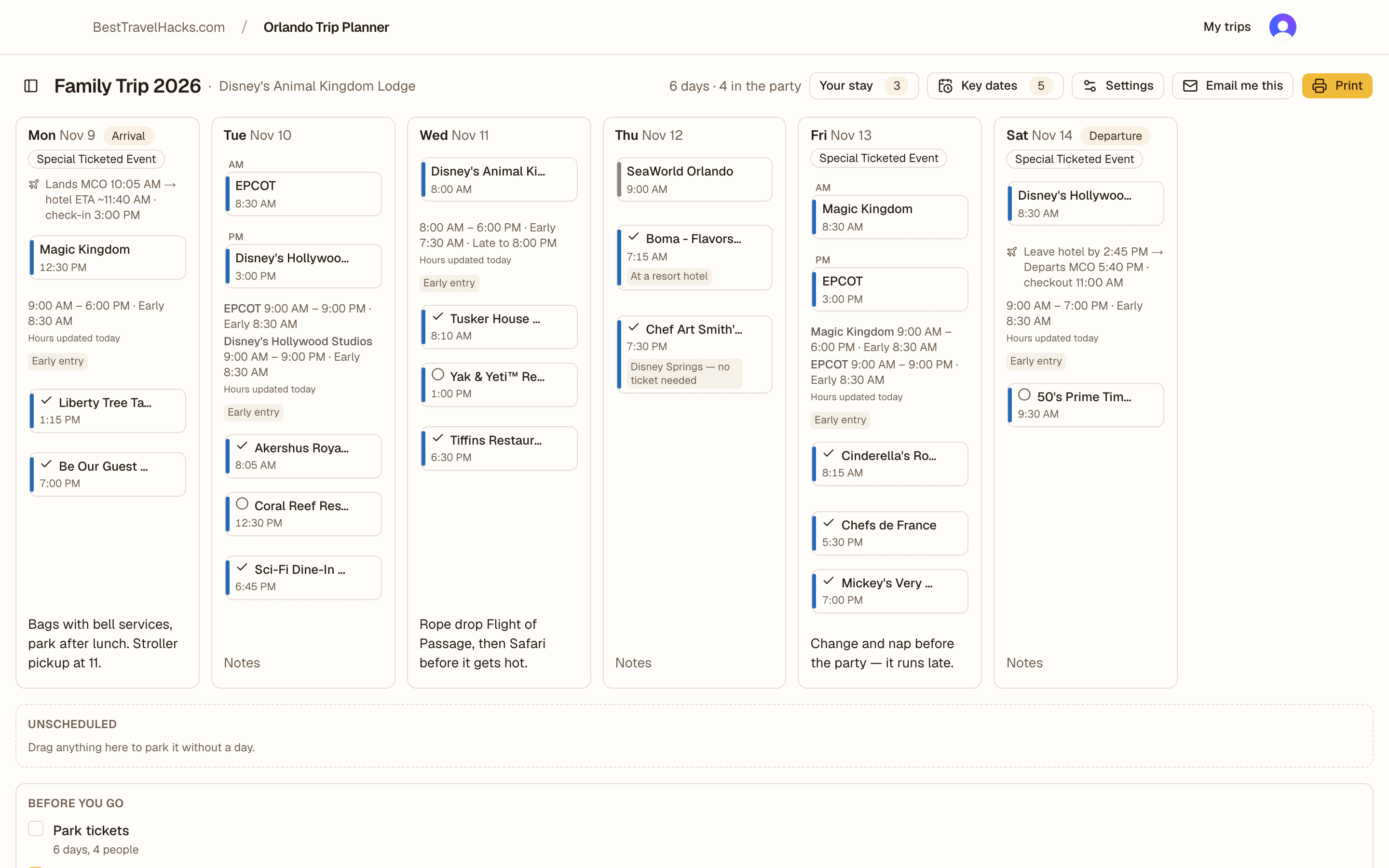 A week of an Orlando trip laid out on the planner, with parks, dining, and park hours on each day.